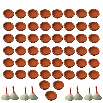 Generic Diwali/Dipawali Hand Made Clay lamp, Deepak (Diyas)-Set of 51 Pieces with Diya Batti