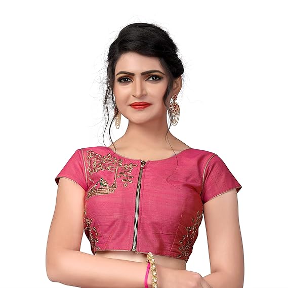 Women's Embroidered Malbari Silk Blouse With Round Neck