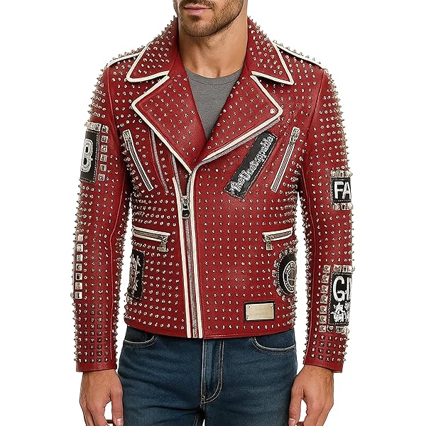 Mens Cafe Racer Studded Biker Punk is Pride Red Brando