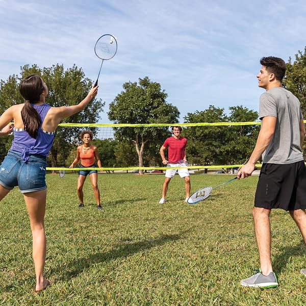 EASTPOINT 2-IN-1 VOLLEYBALL NET & BADMINTON SET – BLACK STEEL POLES – EASY SETUP FOR BEACH & CAMPING GAMES – PORTABLE VOLLEYBALL NET – INCLUDES 4 BADMINTON RACKETS & SHUTTLECOCKS FOR OUTDOOR GAMES
