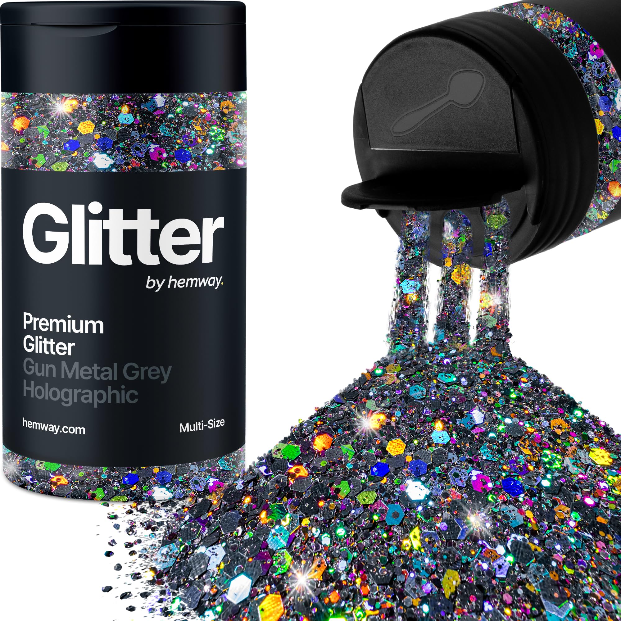 Hemway Gun Metal Grey Holographic Glitter Shaker, 120g Multi Size Glitter for Crafts Metallic Flake Sequins for Resin & Epoxy Crafts for Decorating, Halloween, Christmas, Nail, Face, Art
