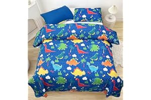 KINBEDY 3 Pieces Blue Dinosaur Quilt Set for Boys Queen Size Kids Bedding Set Quilted Bedspread Coverlet Set Reversible Lightweight Bed Comforter Set Children's Blanket and Pillowcase Set