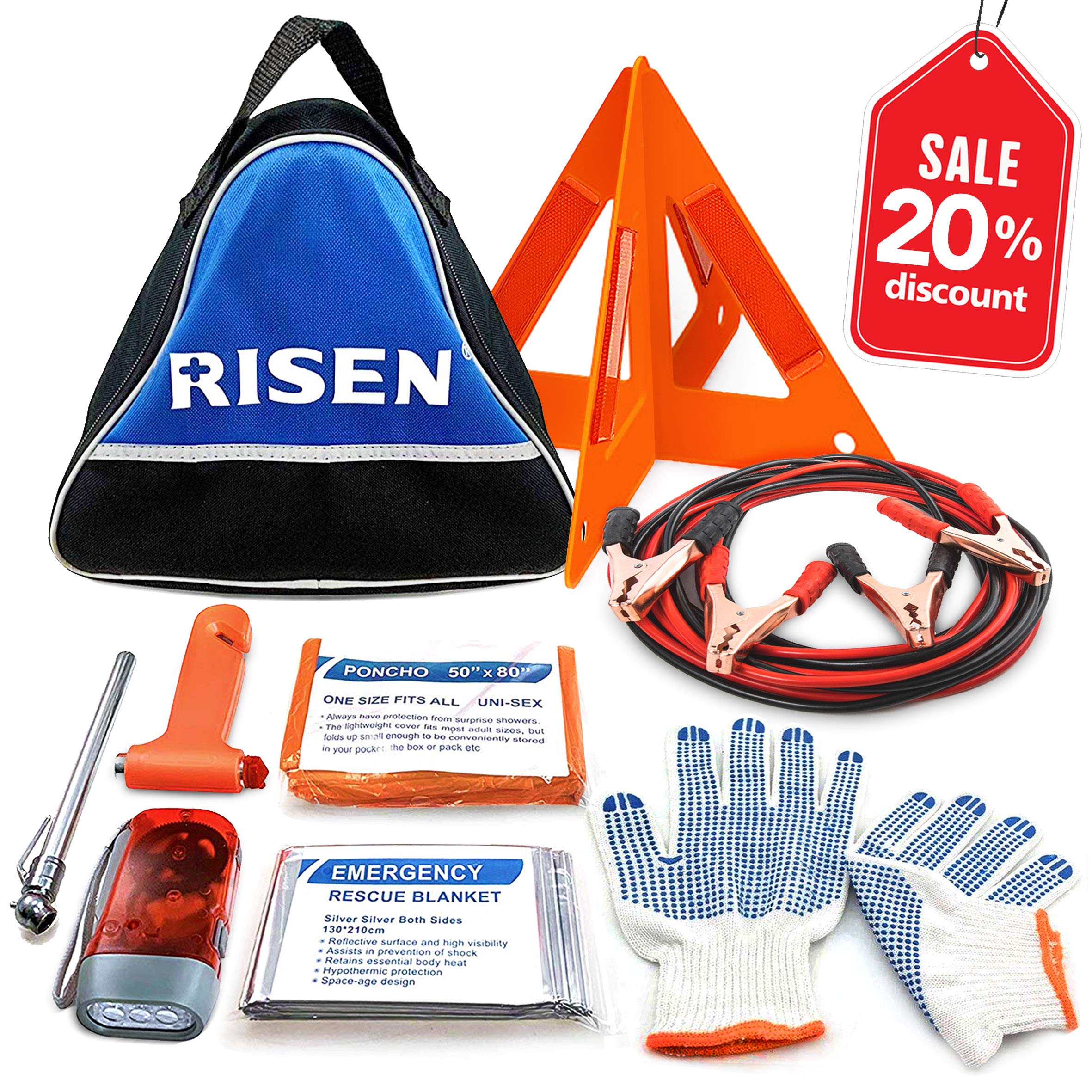 RISEN Roadside Car Emergency Kit/Auto Assistance Kit/Road Travel First Aid Kit with Jumper Cables,Reflective Warning Triangle,Tire Gauge,Emergency Hammer and more for Car or Truck