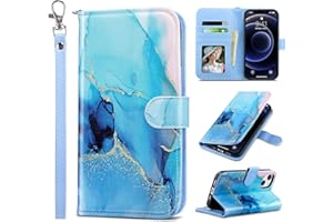 ULAK Compatible with iPhone 13 Wallet Case for Women, Premium PU Leather Flip Cover with Card Holder and Kickstand Feature Protective Phone Case Designed for iPhone 13 6.1 Inch, Blue Marble
