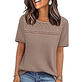 OFEEFAN Womens Tops Dressy Casual Short Sleeve Shirts Boho Crochet Lace Waffle Knit Plus Size Fashion Clothing
