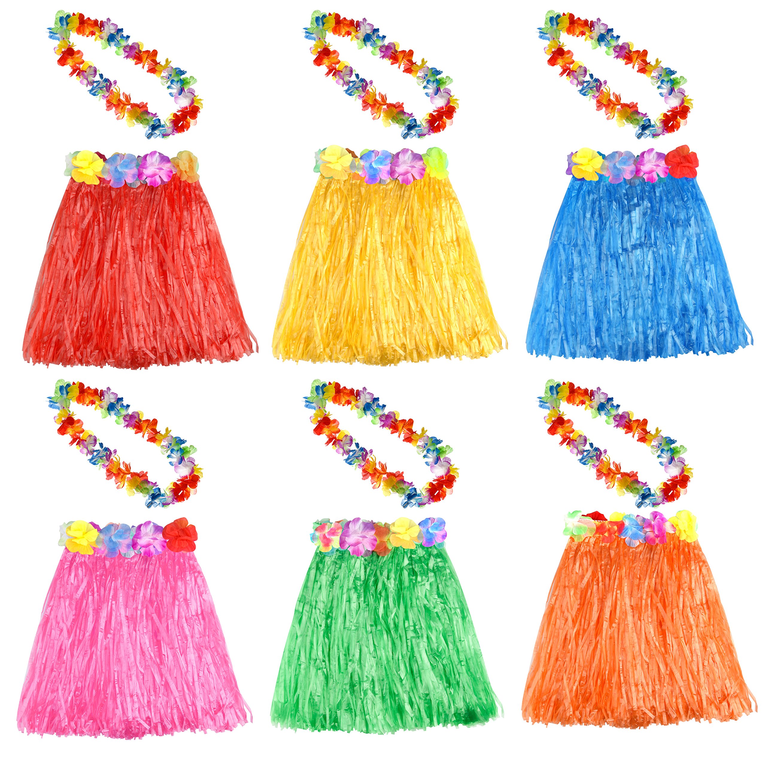 FEPITO KUUQA 6 Set 12 PCS Hawaiian Grass Hula Skirt With Flower Leis Necklace Hawaii Luau Skirts Necklace Costume Fancy Dress for Women Luau Birthday Party Favor Bags Supplies (Random Color)