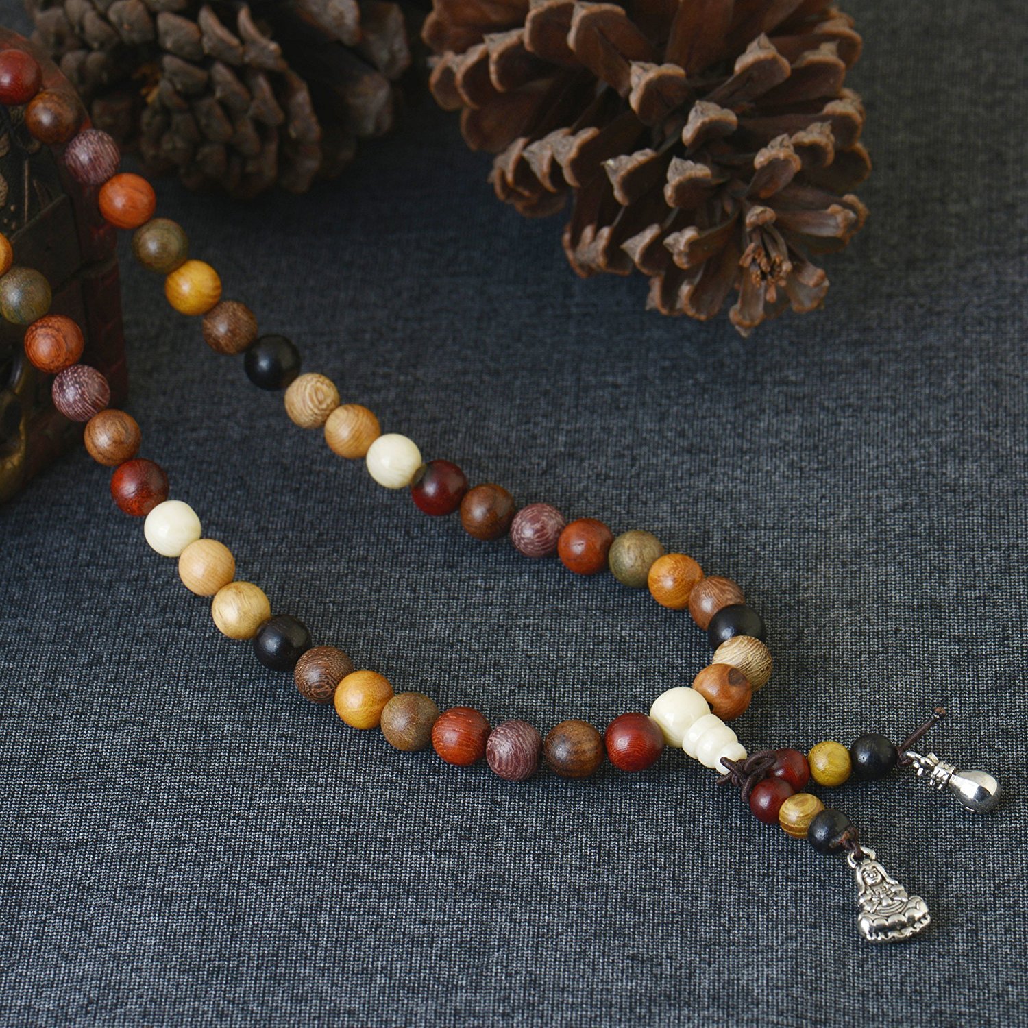 Buddhist Prayer Beads - Tibetan Mala Necklace - 8mm 108 Wood Colorful Beads Bracelet for Meditation Yoga