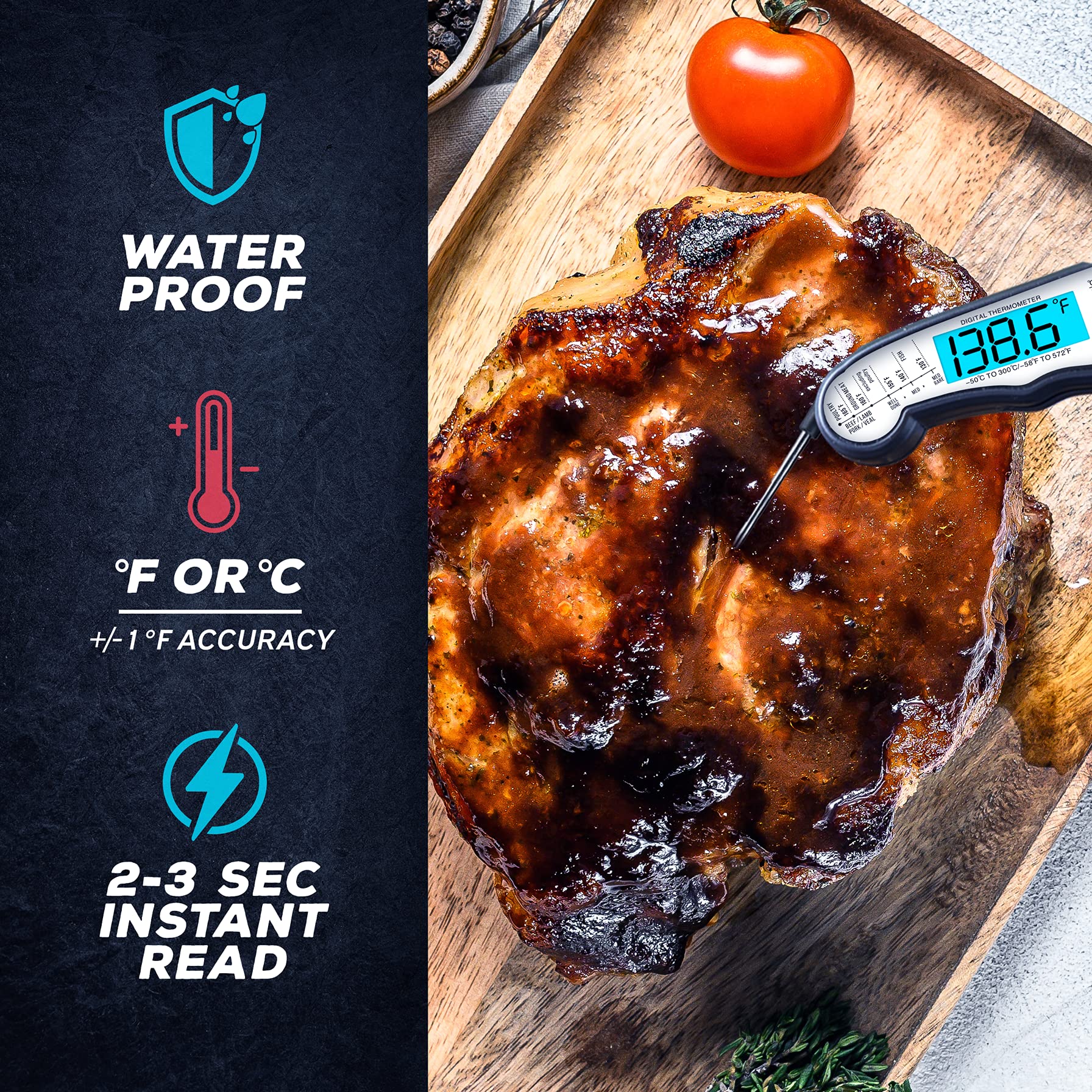 Kizen Instant Read Meat Thermometer - Best Waterproof Ultra Fast Thermometer with Backlight & Adjustable Function, Kizen Digital Food Thermometer for Kitchen, Outdoor, Cooking, BBQ, Grilling!