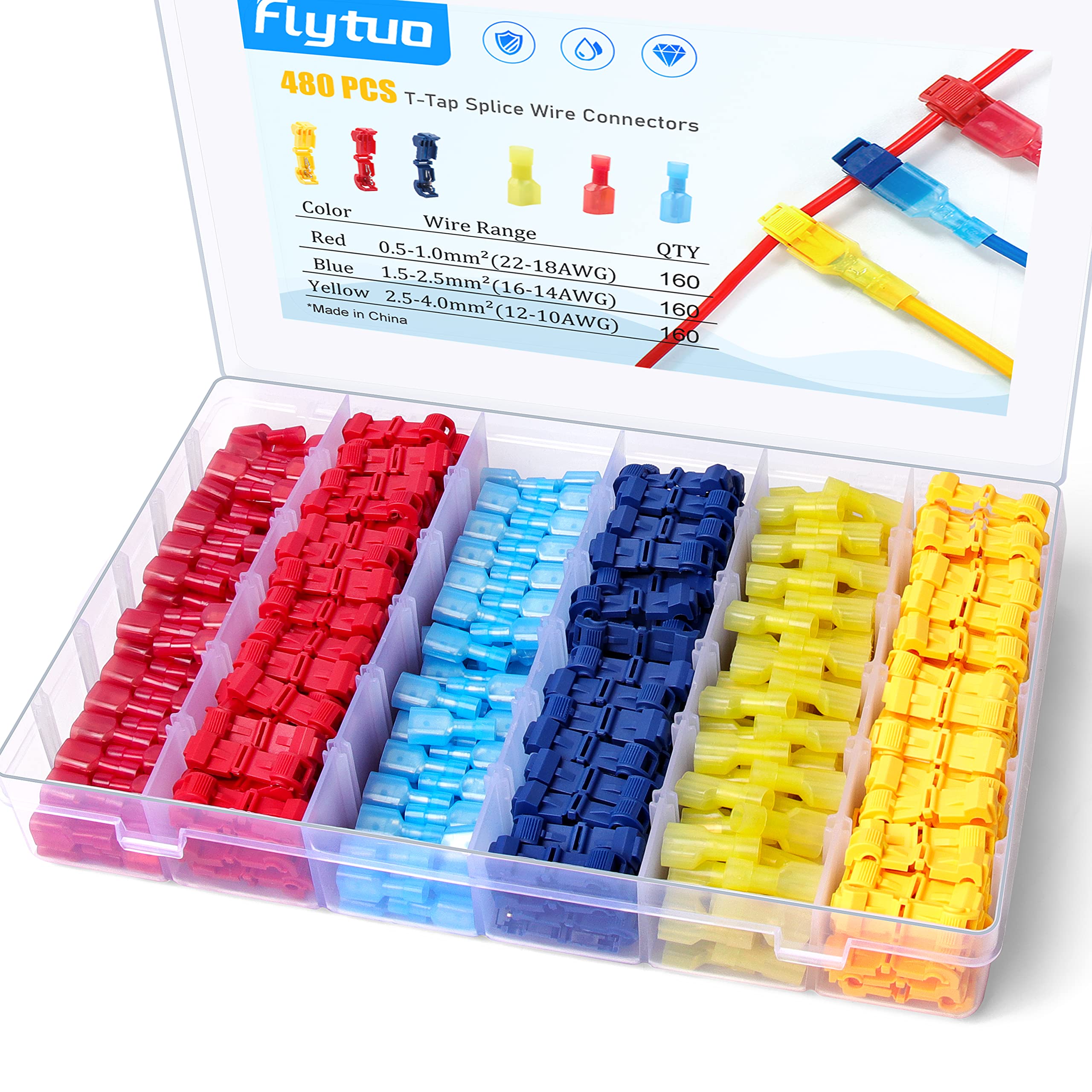 Flytuo 480PCS T-Tap Wire Connectors, Self-Stripping Quick Splice Electrical Wire Terminals, Insulated Male Quick Disconnect Spade Terminals Assortment Kit