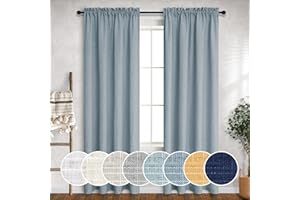 MRS.NATURALL Grey Blue Curtains 84 Inch Length for Living Room 2 Panel Sets Rod Pocket Light Filtering Semi Sheer Linen Blend Country Blue Farmhouse Curtains for Bedroom Dining Dusty Blue Gray Drapes 52x84 Long