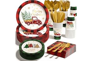 QINLINE Christmas Party Decorations Supplies - 350 PCS Merry Christmas Birthday Buffalo Plaid Disposable Dinnerware Set(50 Guest) with Xmas Paper Plates Napkins Cups Plastic Fork Knive Spoon for Holiday Decor