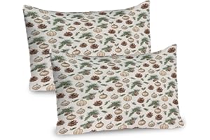 Lunarable Christmas Pillow Sham Set of 2, Vintage Xmas Balls and Pine Cones A Merry Time for Beloved Ones, Quality Microfiber Bedding Item for All Seasons, 30" x 20", Green Brown and Coconut