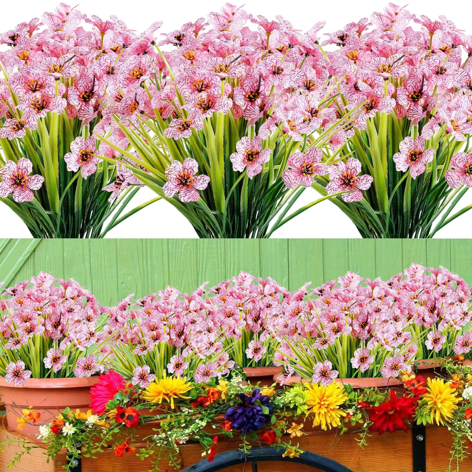 12 Bundles Outdoor Artificial Flowers UV Resistant Fake Flowers Faux Plastic Plants Indoor Outside Hanging Baskets Silk Flowers for Decoration Home Garden Porch Graves Window Box Wedding Decor (Pink)