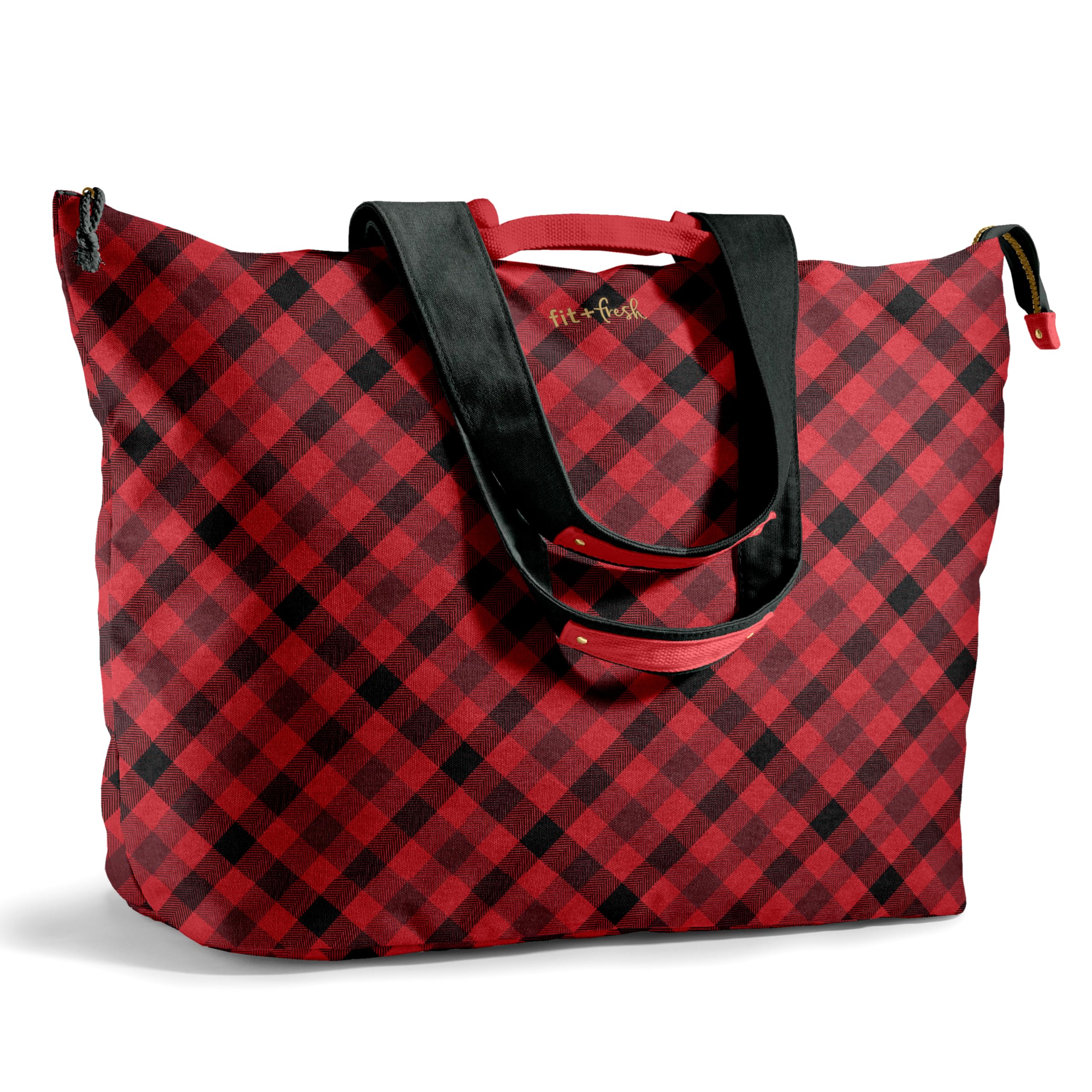 Fit & Fresh Large Beach Bag for Women - Extra Large Travel Tote With Pockets, Red Checkered Plaid Image