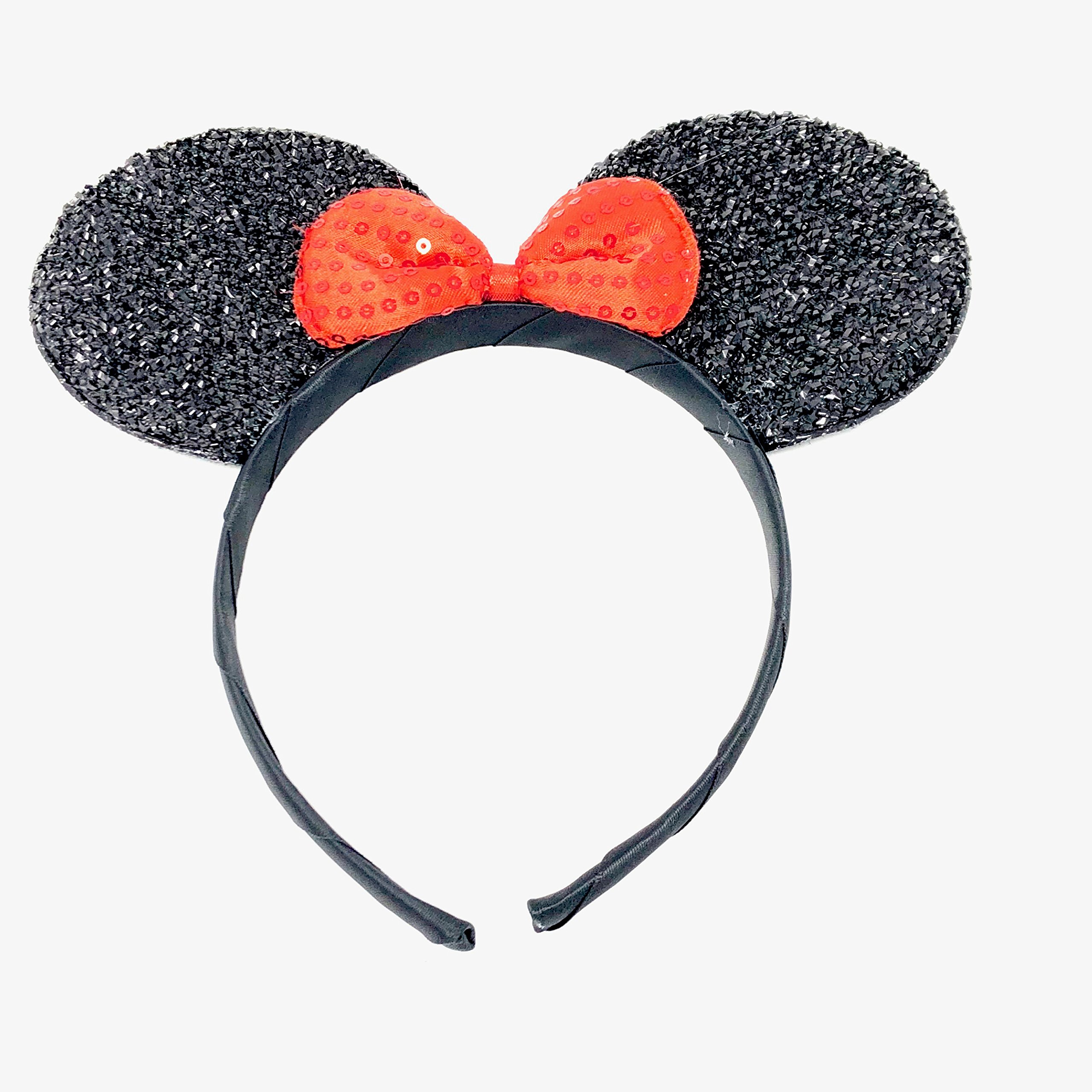 Fashion Accessory SPARKLY MINI MOUSE EARS WITH BOW ALICEBAND HEADBAND FANCY DRESS HEN NIGHTS PARTY (Black with Red Sequin Bow)