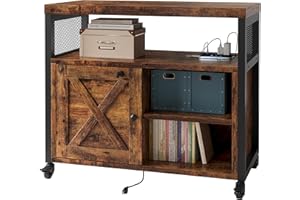 FUSUNBAO Farmhouse Printer Stand with Storage, Printer Table with Charge Station and Wheels, Rolling Printer Cabinet with Shelves, Printer Cart, and File Cabinet for Home Office Storage(Rustic Brown)