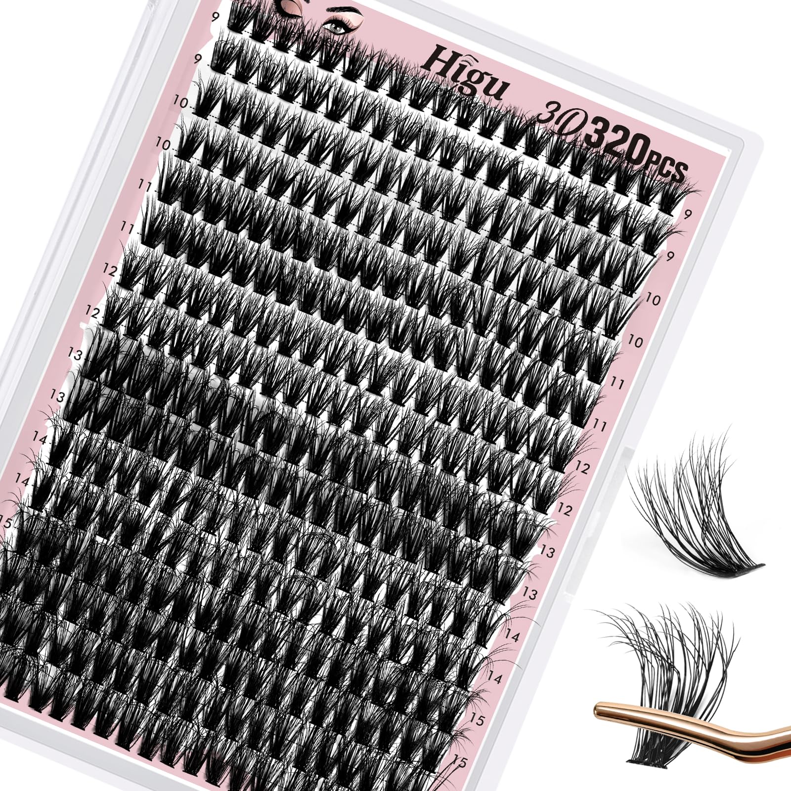 Higu clace Individual Lashes 320PCS, D Curl DIY Eyelash Extensions, 40D 0.70mm, 9-16mm Lash Extension Clusters Layered and Wispy (Layered 40D 0.07D mix9-16mm) — image 1