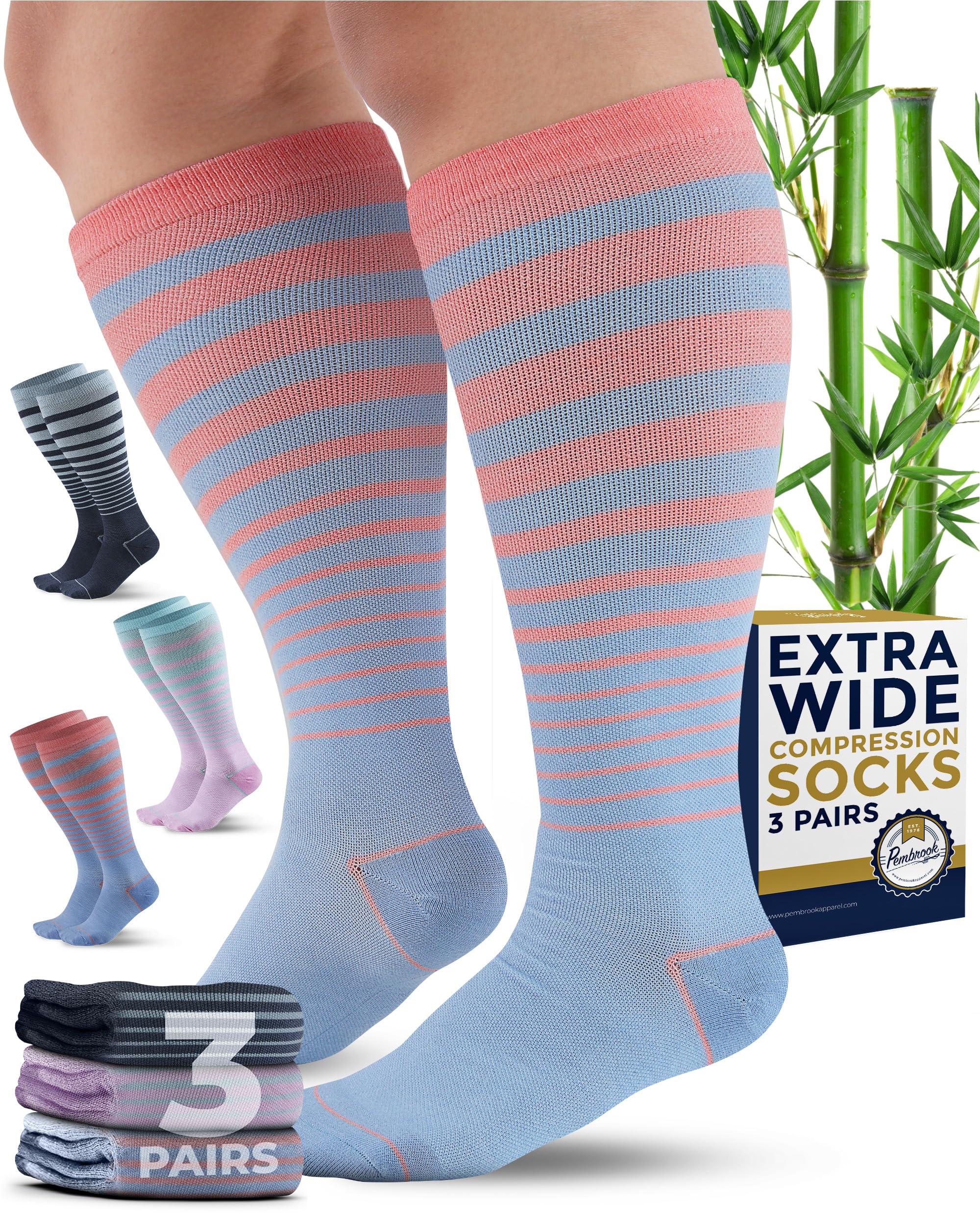 Photo 1 of Pembrook 3 Pairs Plus Size Compression Socks Wide Calf - 15-20 mmHg Bamboo Viscosefor Women Plus Size Socks for Women Wide Calf Compression Pastel Stripes