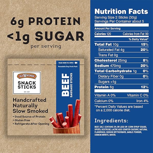 OLD WISCONSIN BEEF SAUSAGE SNACK STICKS, NATURALLY SMOKED, READY TO EAT, HIGH PROTEIN, LOW CARB, KETO, GLUTEN FREE, 5 OUNCE RESEALABLE PACKAGE