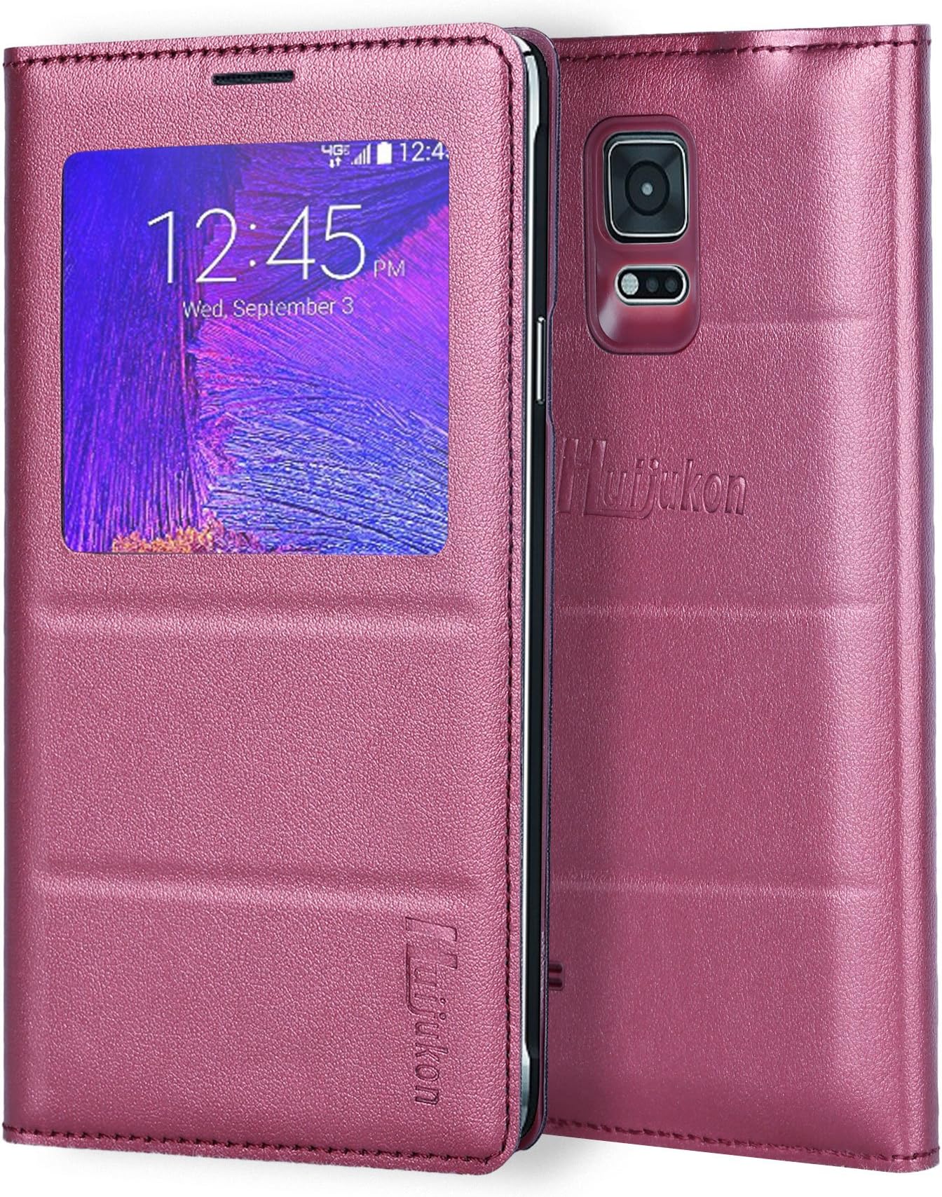 Galaxy Note 4 Case, Galaxy Note 4 S View Case, Huijukon Premium Leather S-View Flip Cover Folio Case[Clear View Window] for Samsung Galaxy Note 4 (TeaBurgundy)