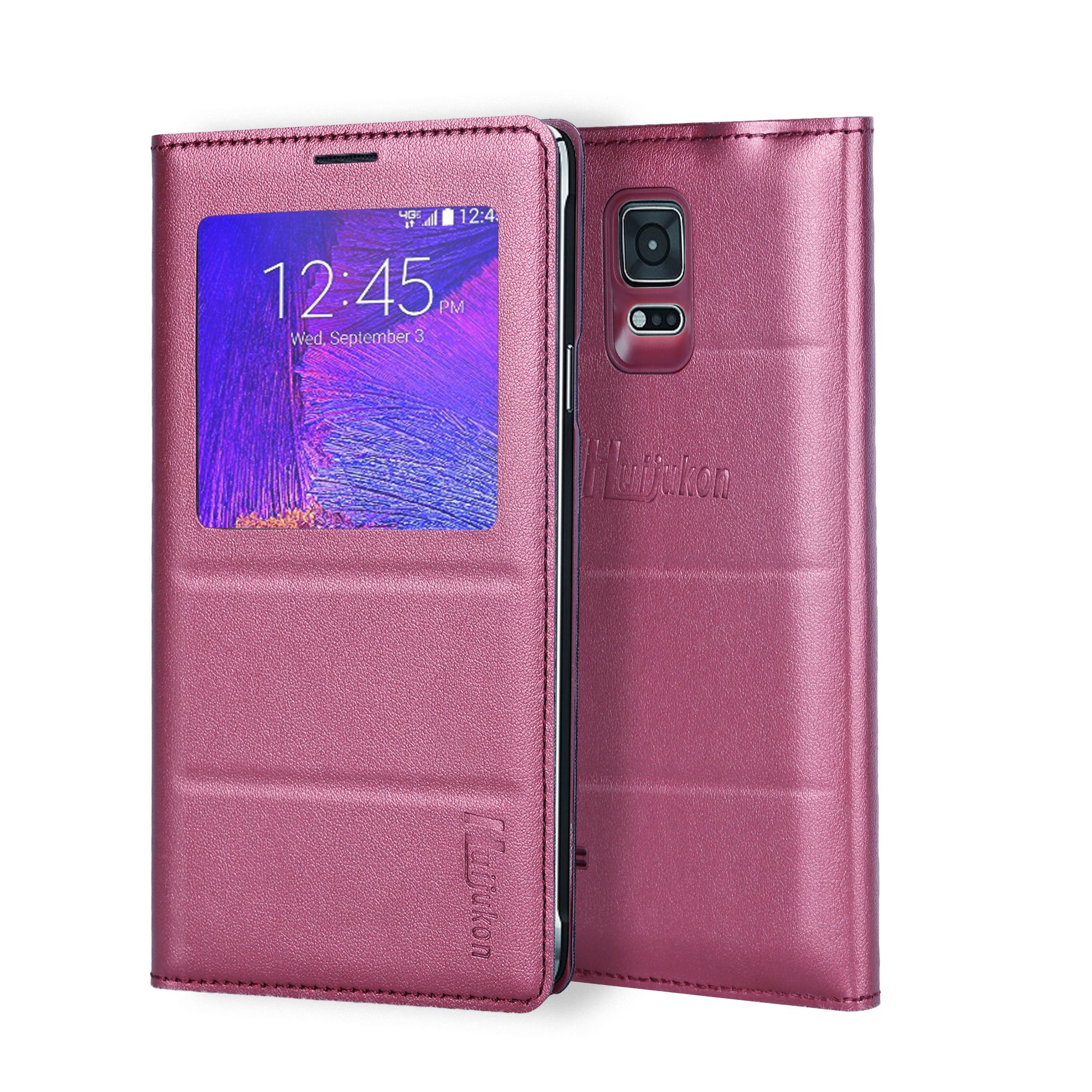Galaxy Note 4 Case, Galaxy Note 4 S View Case, Huijukon Premium Leather S-View Flip Cover Folio Case[Clear View Window] for Samsung Galaxy Note 4 (TeaBurgundy)
