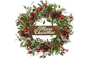 FURISIN Christmas Wreaths for Front Door,Artificial Christmas Wreath with Plump Holly Leaves red Berries and red Bells，Wreath for Indoor Wall Window Decor