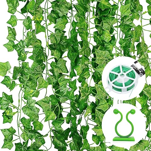 Ivy Artificial Garland Pack of 12 Green Fake Ivy Plants Ivy Vine for Garden Wedding Party Wall Decoration (2.2 m, with 12 Pieces Plant Clips, 30 m Cable Ties)