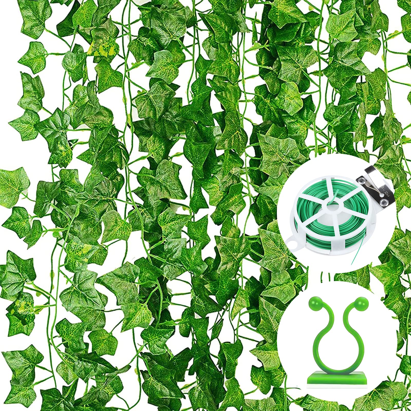 Ivy Artificial Garland Pack of 12 Green Fake Ivy Plants Ivy Vine for Garden Wedding Party Wall Decoration (2.2 m, with 12 Pieces Plant Clips, 30 m Cable Ties)