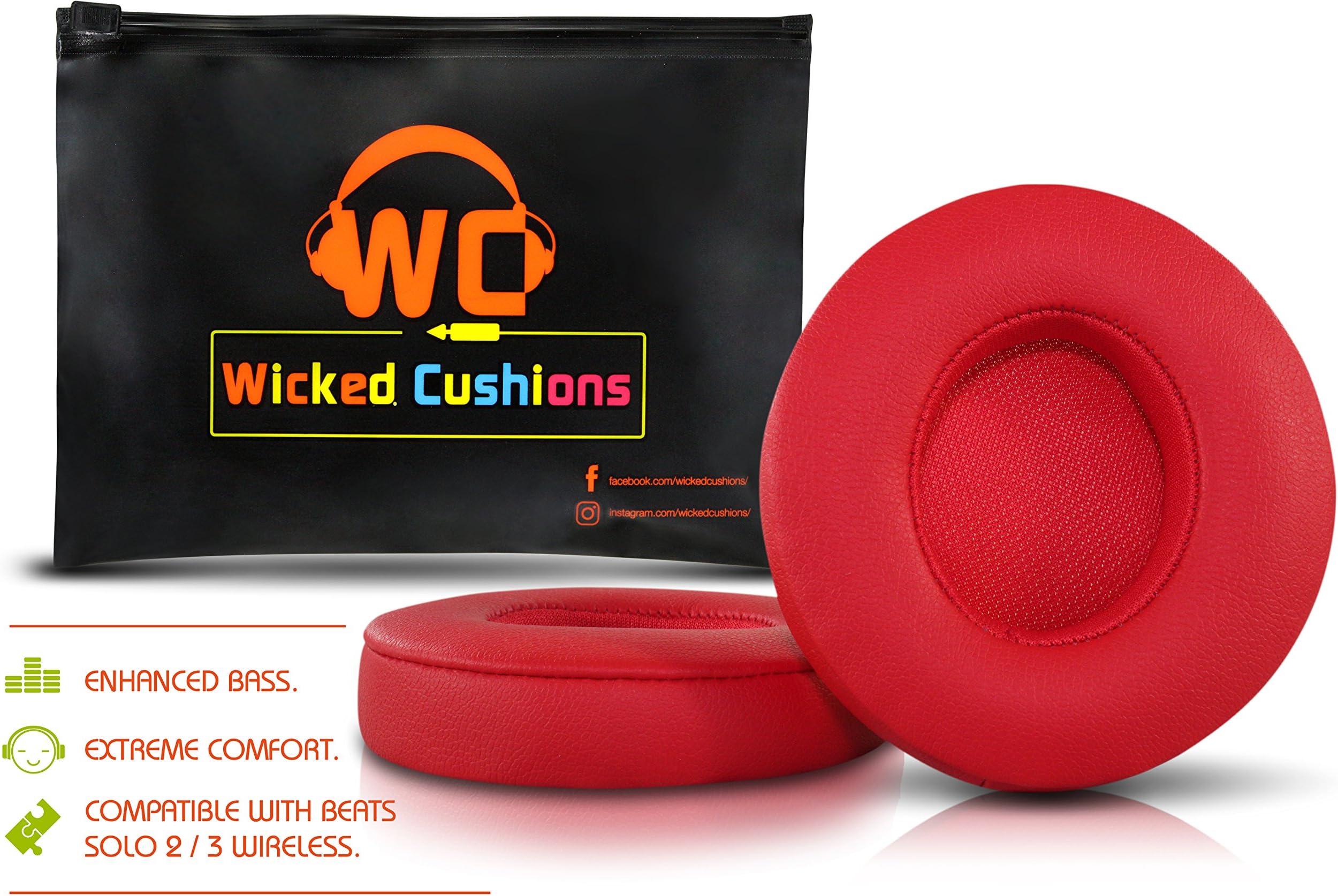 Wicked Cushions Beats Replacement Ear pads - Compatible with SOLO 2 / 3 Wireless On Ear Headphones by Dr. Dre ONLY ( DOES NOT FIT SOLO 2.0 WIRED ) | RED