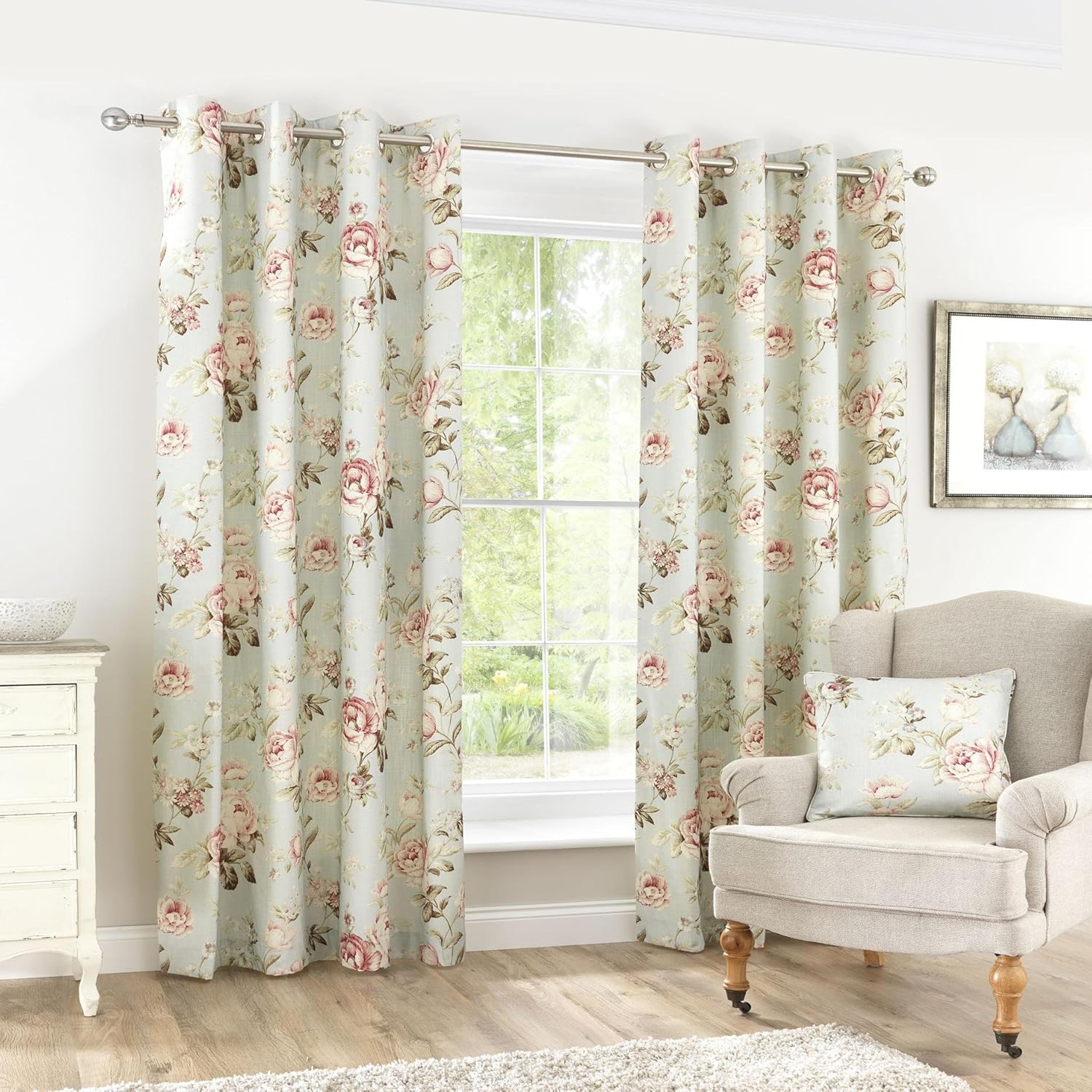 One Pair Of Interiors Vintage Floral Half Panama Eyelet Lined