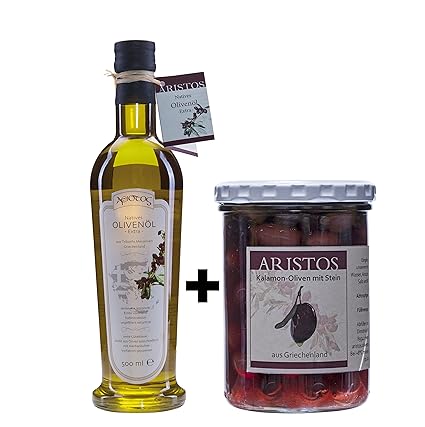 ARISTOS Set kaltgeresstes Natives Olivenöl Extra Dez. 2017 + Kalamata Oliven aus eigenem Anbau Griechenland (1x 500ml + 1x 30