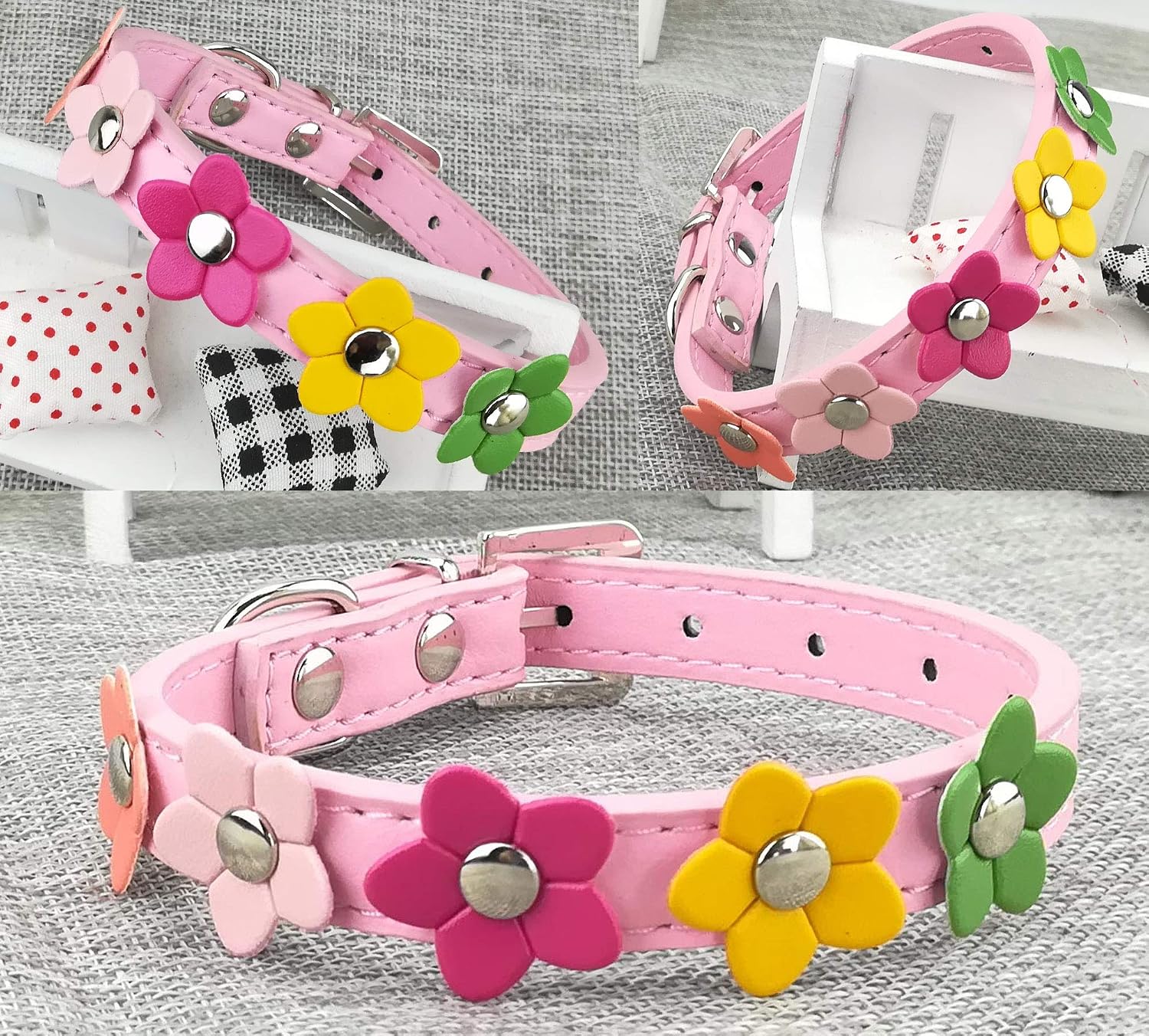 Newtensina Stylish Dog Collar and Lead Set Dog Collar Girl Flower Puppy Collars Leashes for Small Dogs with Flower - Pink - XS - Image 3
