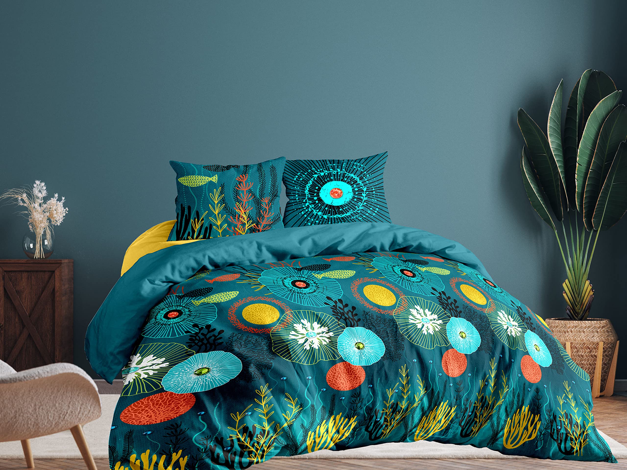 CALITEX Abysse 3-Piece Bedding Set, Cotton, Blue, 240 x 220 cm