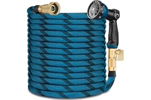 SPOOHAO 25 ft Garden Hose – 2025 Upgarded Lightweight & Flexible Garden Hose with 10-Function Spray Gun, Heavy-Duty Strength 3750D, Pure Brass 3/4” Fittings – Lightweight, Durable, and Kink-Free(Blue Black)