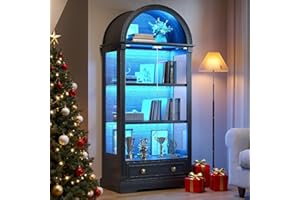 TAGELIER Display Cabinet with Glass Doors, 72" Tall Arched Curio Cabinet with Human Sensor Lights, 4-Tier Glass Display Case for Collectibles Bookcase Living Room Office, Black