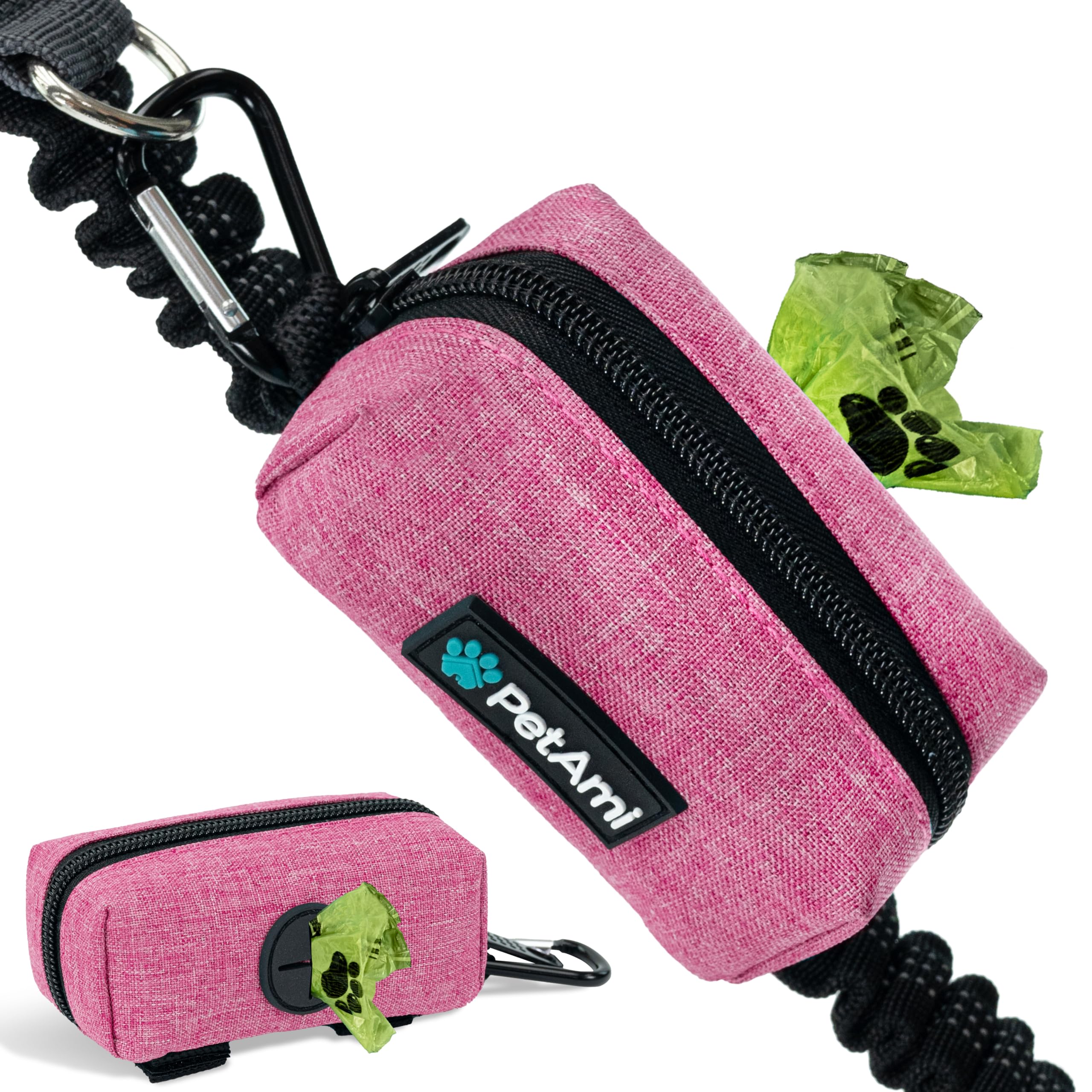 Photo 1 of PetAmi Dog Poop Bag Holder for Leash Attachment, Doggie Zipper Pouch Soft Fabric Poop Bag Carrier, Dog Pet Waste Bag Dispenser with Carabiner Clip, 1 Roll of Dog Trash Bag (Pink, 1 Pack)