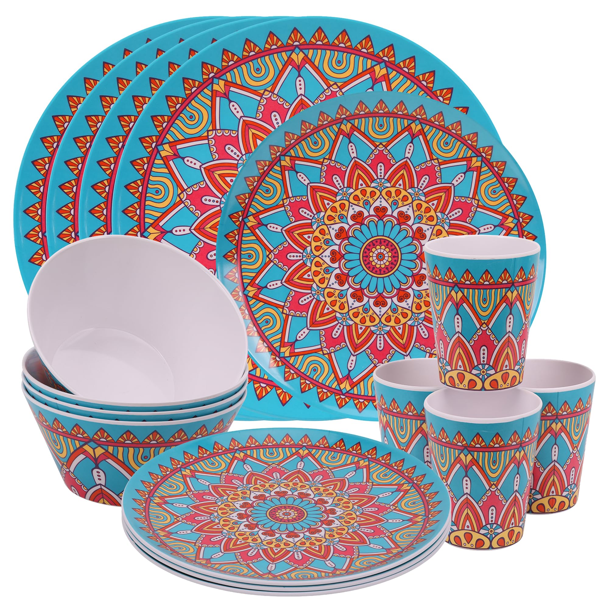 WedDecor Melamine Dinnerware Sets for 4 People for Indoor Outdoor BBQ Garden Picnic or Camping Use, Durable and Lightweight Melamine Dinner Set with Moroccan Design Plate Bowl & Cups (Set of 16Pcs)