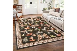 ROYHOME Mushroom Washable Rug 5x7 Area Rugs for Living Room, Insect Print Rug for Bedroom, Non Slip Throw Carpet with Rubber Back, Soft Low Pile Dining Room, Brown