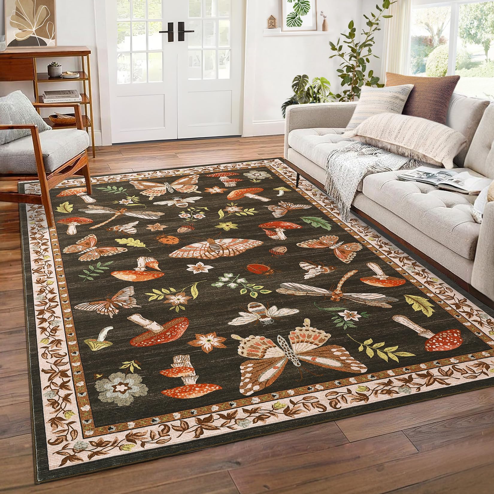 ROYHOME Mushroom Washable Rug 5x7 Area Rugs for Living Room, Insect Print Rug for Bedroom, Non Slip Throw Carpet with Rubber Back, Soft Low Pile Dining Room, Brown