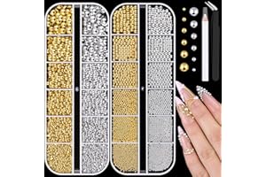 BELLEBOOST Flatback Pearls and Metal Nail Beads for Nail Art (Silver+Gold), Luxurious Pearl Nail Charms and Small Round Caviar Beads Nail Accessories for Acrylic Nail Tips Manicure Decor