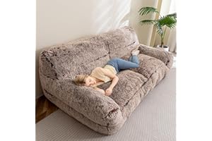 HIGOGOGO Giant Human Dog Sofa Bed, Big Comfy Floor Sofa Couch for Pet Families with Foam Chunk Supportive Mat, Fluffy Faux Fur Orthopedic Dog Bed for Human, XXXL Size, Snow Coffee