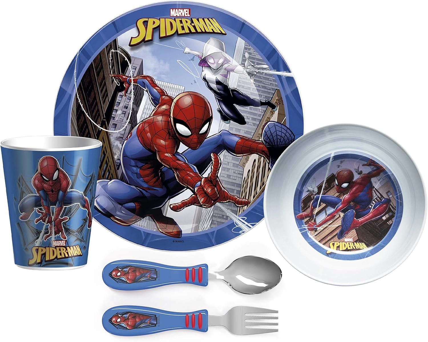 Zak Designs Dinnerware Set Includes Plate, Bowl, Tumbler and Utensil Tableware, Made of Durable Material and Perfect for Kids, 5pc Cup-Untensils, Spider Man