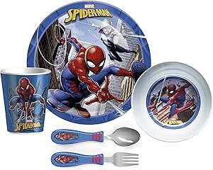 Zak Designs Dinnerware Set Includes Plate, Bowl, Tumbler and Utensil Tableware, Made of Durable Material and Perfect for Kids, 5pc Cup-Untensils, Spider Man
