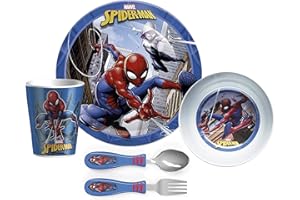 Zak Designs 5-Piece Dinnerware Set, Marvel Spider-Man - Durable Plastic & Stainless Steel - Includes Tumbler, 8-Inch Plate, 6-Inch Bowl, Fork & Spoon - Suitable for Kids Ages 3+