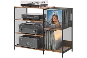 Cottage Charm Large Record Player Stand Table with Vinyl Record Holder Up to 150PCS, AV Media Stand Stereo Cabinet Shelf Rack Tower with Storage, Sturdy, Adjustable Feet, Rustic, Large Capacity