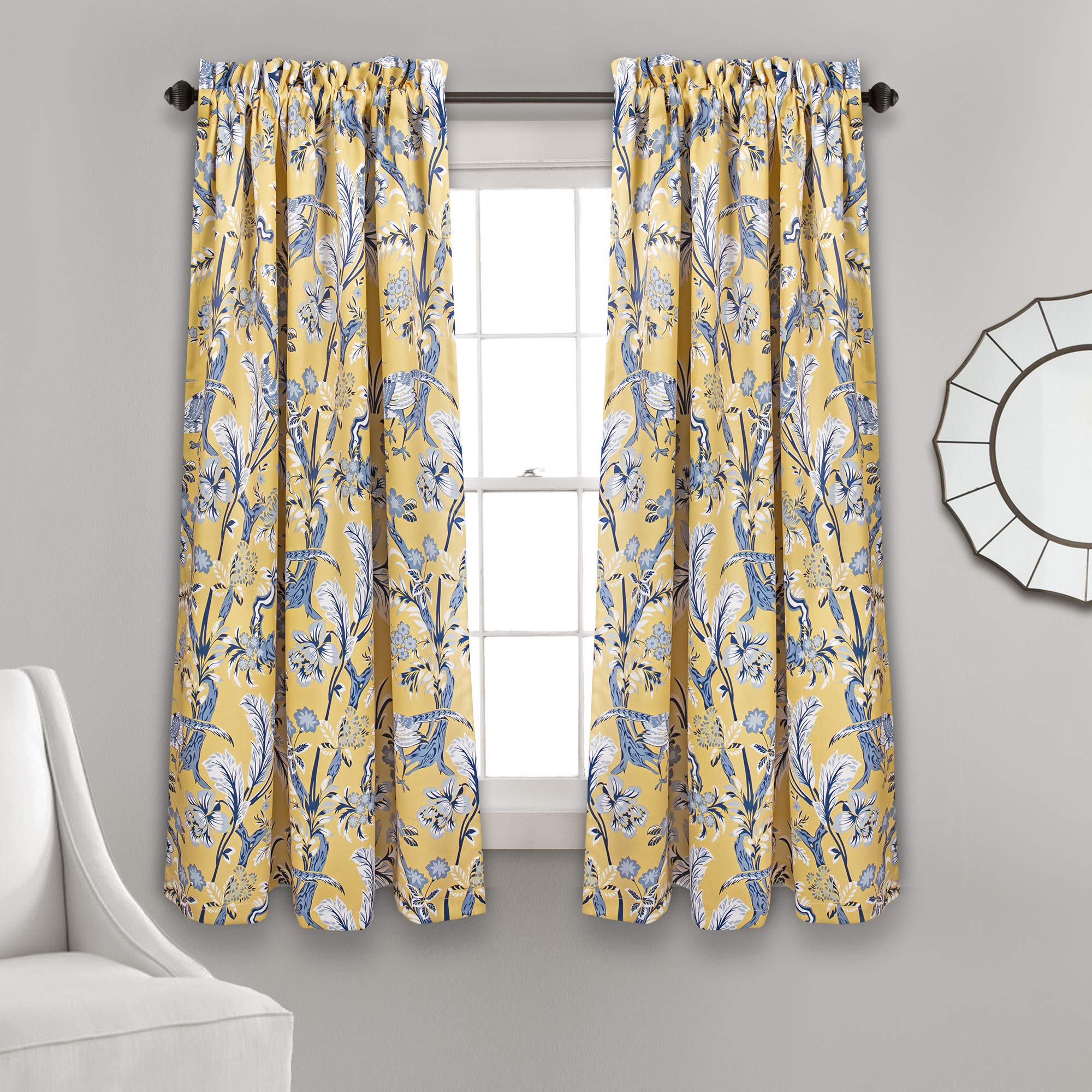 Lush Decor Dolores Light Filtering Window Panels, Pair, 52" W x 63" L, Yellow - Floral Curtains for Bedroom - Vintage Curtains - Coquette Room Decor Image