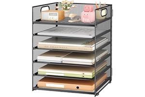 Subekyu 6 Tier Paper File Tray Organizer for Desk, Black Mesh Desk Letter Paper File Folder Accessories Sorter Organizer with Handle, Stackable Slide Tray for Office, Home or School Supplies Storage