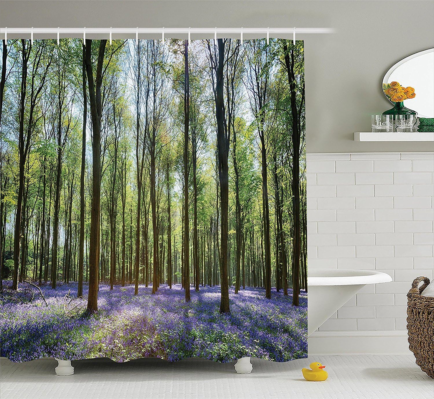Tree Shower Curtain Woodland Decor By, Bluebells In Wepham Woods Landscape Flowers Rural Countryside Woodland, Fabric Bathroom Accessories set with Hooks, 69W X 70L Inches, Green Lavender