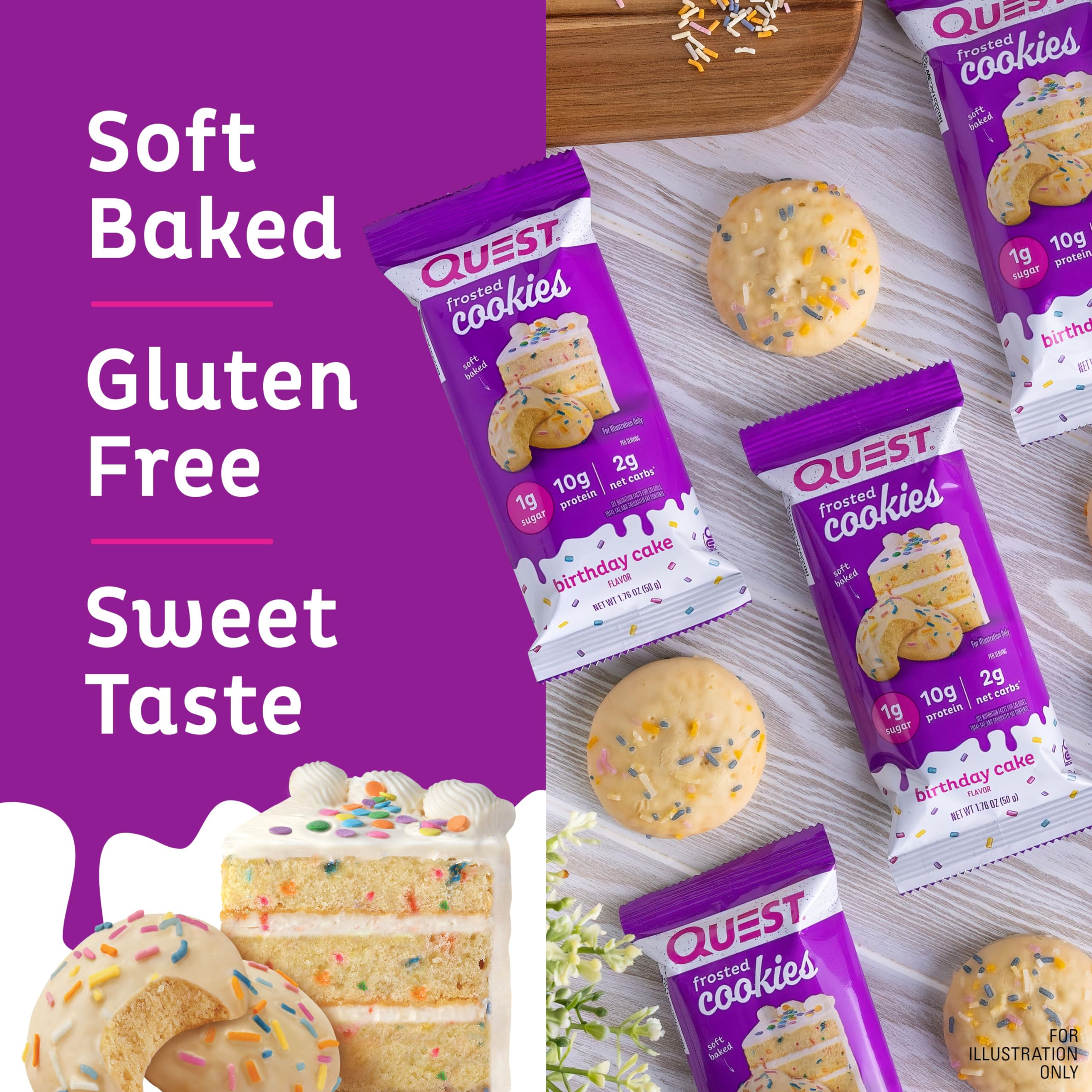 Quest Frosted Cookies Twin Pack with Birthday Cake 1g Sugar 10g Protein 2g Net Carbs Gluten Free 8 Count and Strawberry Cake 1g Sugar 10g Protein 2g Net Carbs Gluten Free 16 Cookies