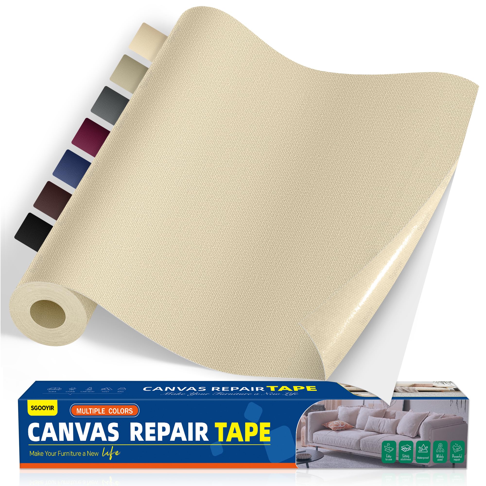 Photo 1 of Self-Adhesive Canvas Repair Tape, 16" x 79" Waterproof Canvas Repair Patch, Fabric Patch Repairs Kit for Furniture, Tents, Sunbrellas, Boat Covers Awnings, Couches, Clothes, Bags Light Beige